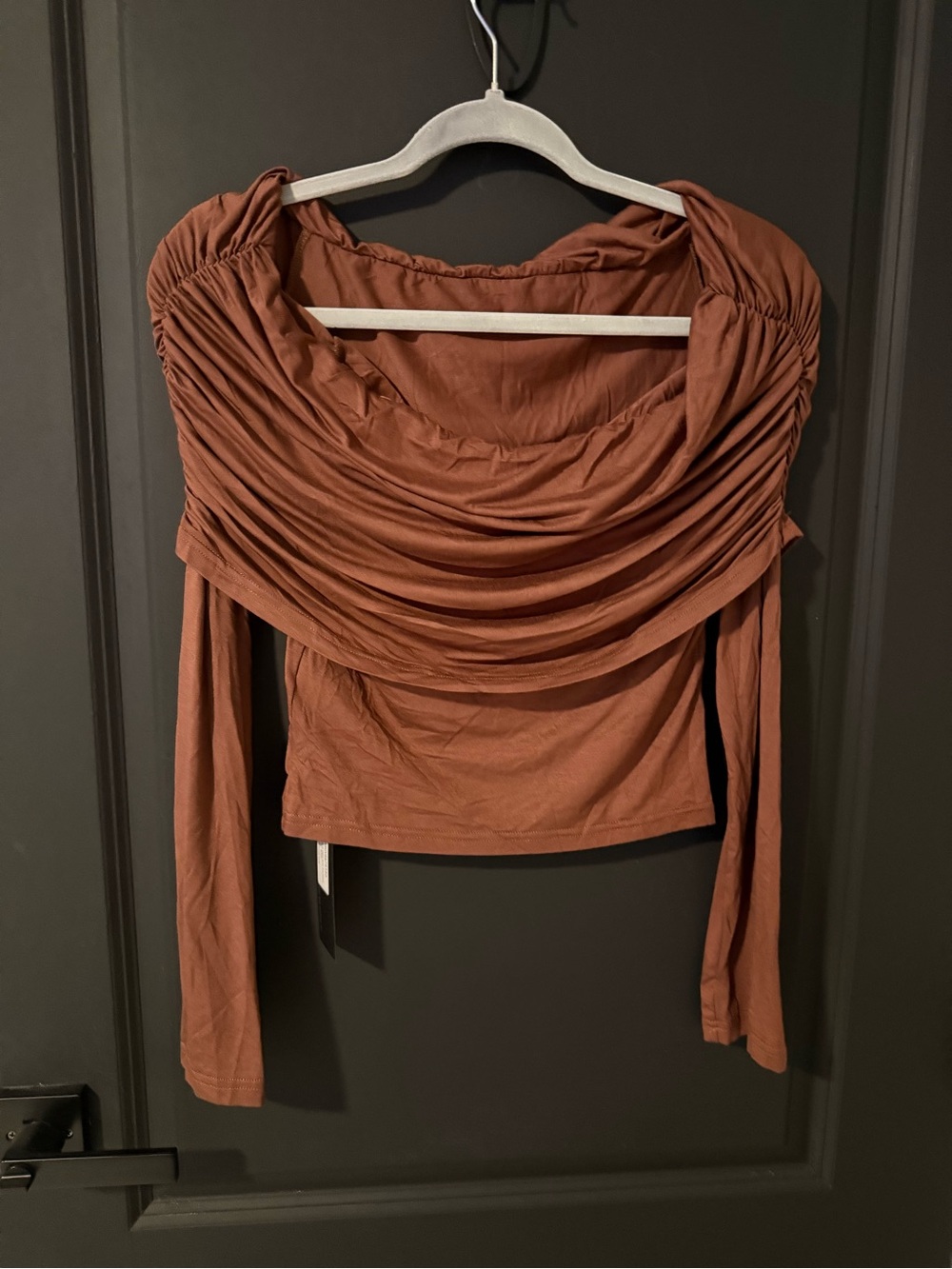 Ruched Off-Shoulder Long Sleeve Top - Rust Brown